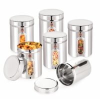suvi 1kg set of 6pcs stainless steel kitchen containers with see through window | food storage dabba | steel containers set | silver mirror finish | food grains capacity 1kg approx (1250ml 6pcs)