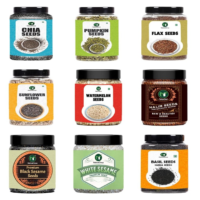 natureonus super seeds combo pack of 9, chia, flax, pumpkin, sunflower, watermelon, halim, white sesame, black sesame & basil seeds, reusable jar packs – 9 x 125g