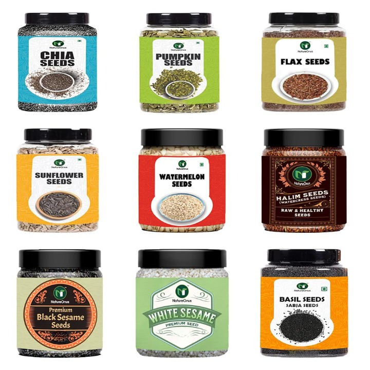 natureonus super seeds combo pack of 9, chia, flax, pumpkin, sunflower, watermelon, halim, white sesame, black sesame & basil seeds, reusable jar packs – 9 x 125g natureonus super seeds combo pack of 9, chia, flax, pumpkin, sunflower, watermelon, halim, white sesame, black sesame & basil seeds, reusable jar packs – 9 x 125g