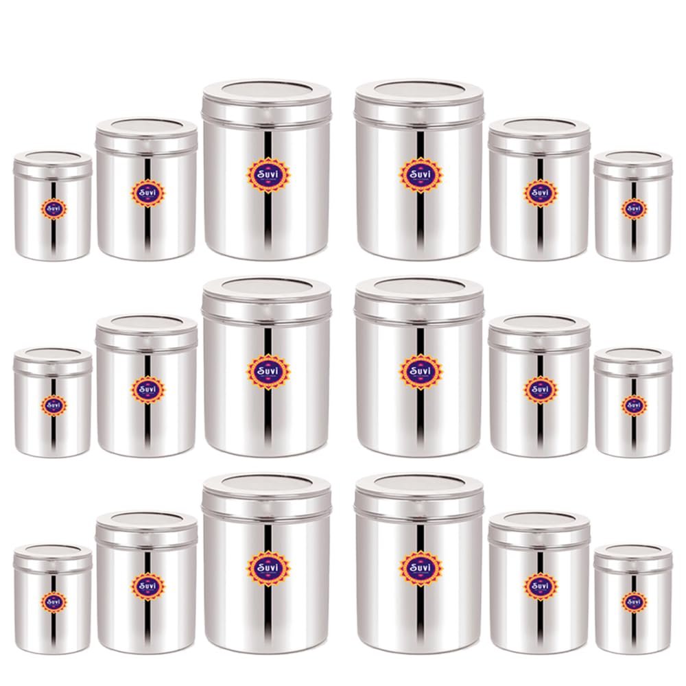suvi set of 18pcs stainless steel kitchen containers set with see through lid | ubha dabba multipurpose storage box for kitchen containers | food grains capacity 500g, 750g & 1kg approx (6pcs each) suvi set of 18pcs stainless steel kitchen containers set with see through lid | ubha dabba multipurpose storage box for kitchen containers | food grains capacity 500g, 750g & 1kg approx (6pcs each)