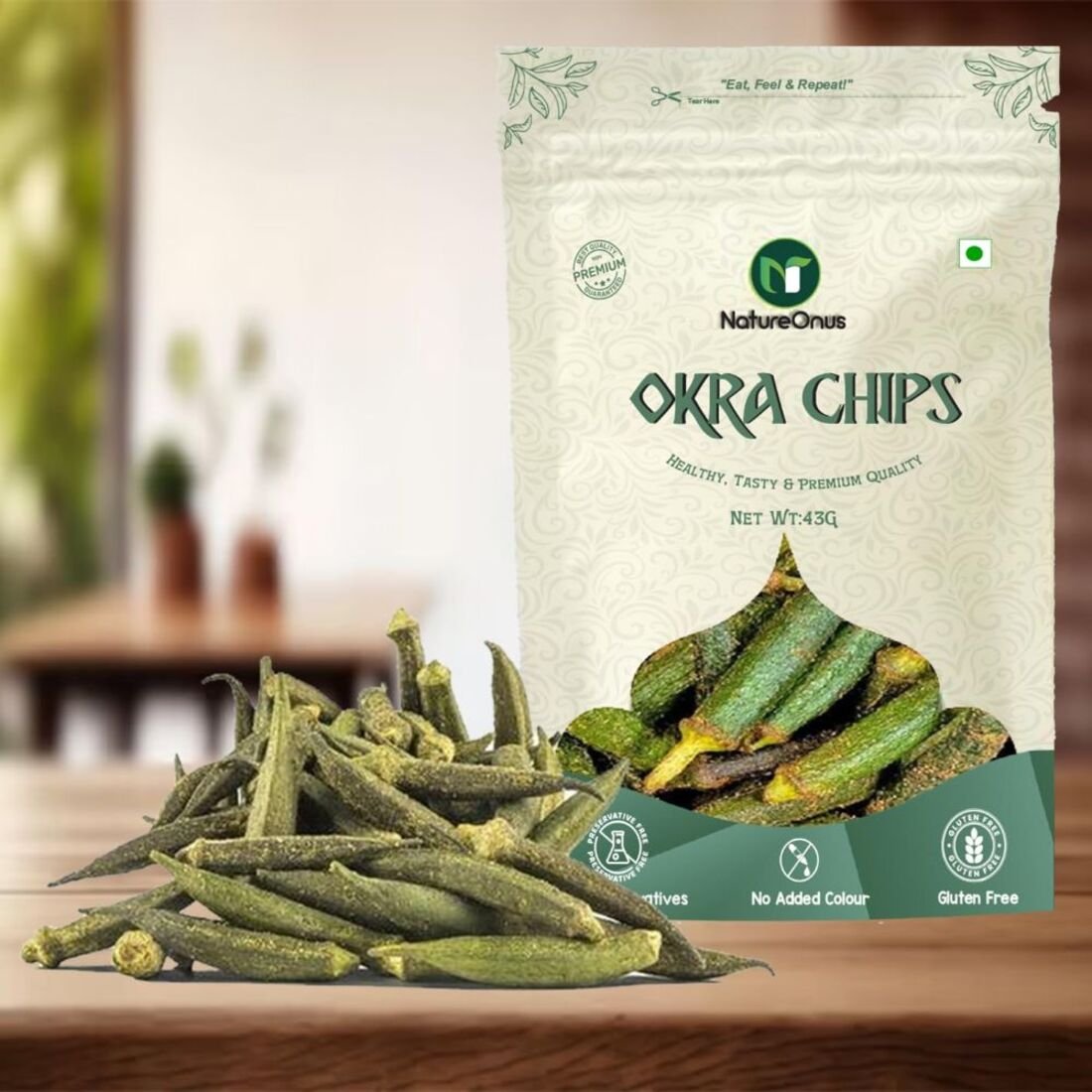 natureonus vacuum fried okra chips 43g pack of 3 | high in protein and fiber | no preservatives, no msg | zero trans fat & cholesterol | gluten free | crunchy vacuum cooked snack 129g natureonus vacuum fried okra chips 43g pack of 3 | high in protein and fiber | no preservatives, no msg | zero trans fat & cholesterol | gluten free | crunchy vacuum cooked snack 129g
