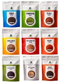 natureonus all raw seeds combo pack of 9 1125g | chia, pumpkin, sunflower, flax, watermelon, halim, white sesame, black sesame & basil seeds 125g each | seeds mix superfoods for eating combo pack