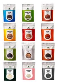 natureonus pack of 12 raw seeds for eating| chia, pumpkin, sunflower, flax, watermelon, halim, cucumber, muskmelon, kalonji, white sesame, black sesame & basil seeds |mix superfoods for eating combo pack of 12 125g each