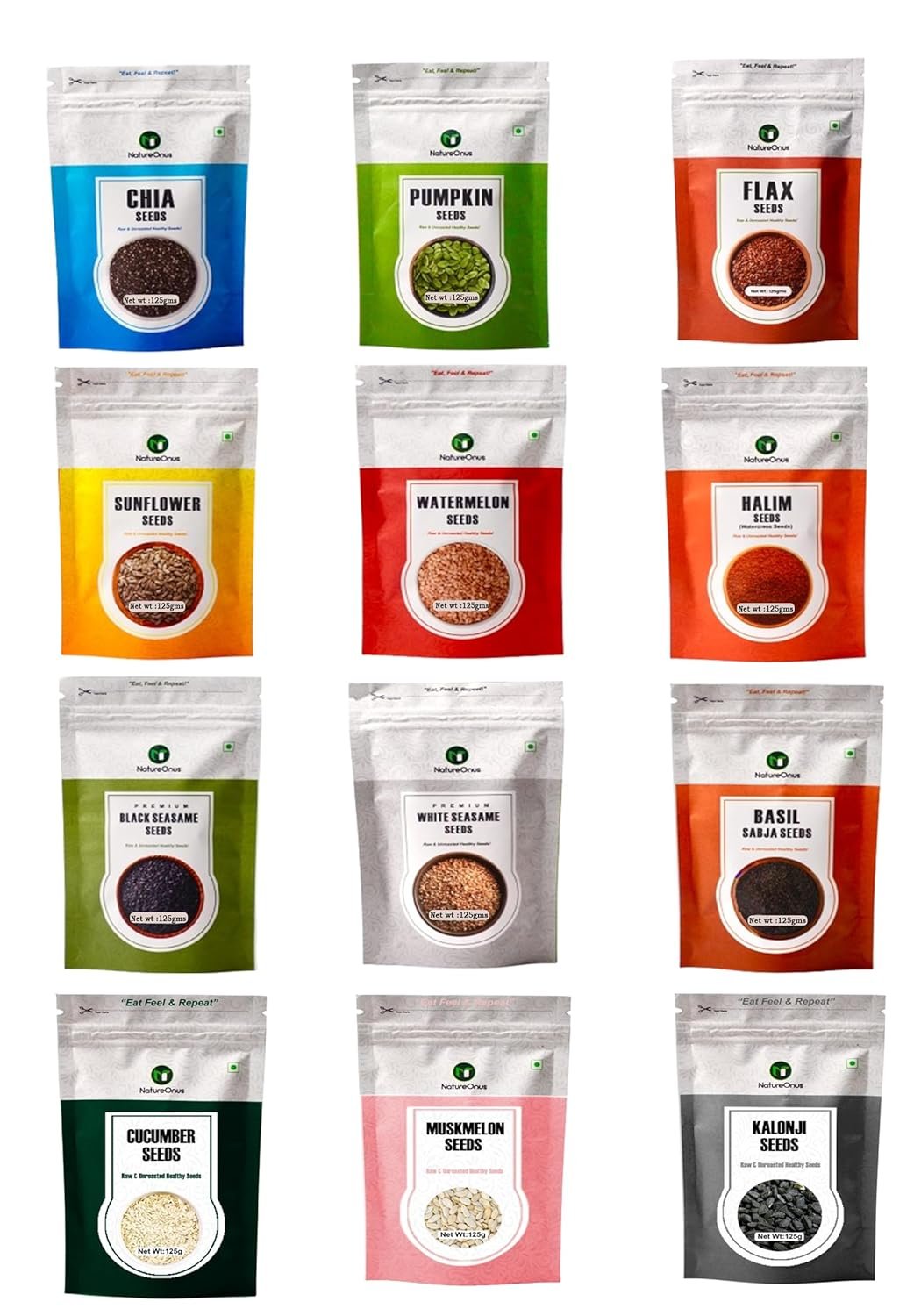 natureonus pack of 12 raw seeds for eating| chia, pumpkin, sunflower, flax, watermelon, halim, cucumber, muskmelon, kalonji, white sesame, black sesame & basil seeds |mix superfoods for eating combo pack of 12 125g each natureonus pack of 12 raw seeds for eating| chia, pumpkin, sunflower, flax, watermelon, halim, cucumber, muskmelon, kalonji, white sesame, black sesame & basil seeds |mix superfoods for eating combo pack of 12 125g each