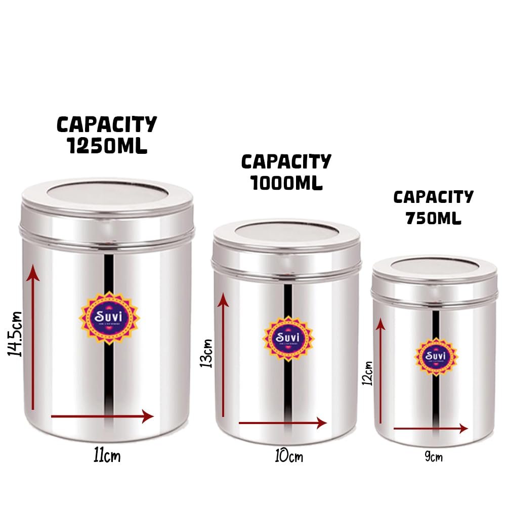 suvi set of 18pcs stainless steel kitchen containers set with see through lid | ubha dabba multipurpose storage box for kitchen containers | food grains capacity 500g, 750g & 1kg approx (6pcs each) suvi set of 18pcs stainless steel kitchen containers set with see through lid | ubha dabba multipurpose storage box for kitchen containers | food grains capacity 500g, 750g & 1kg approx (6pcs each)