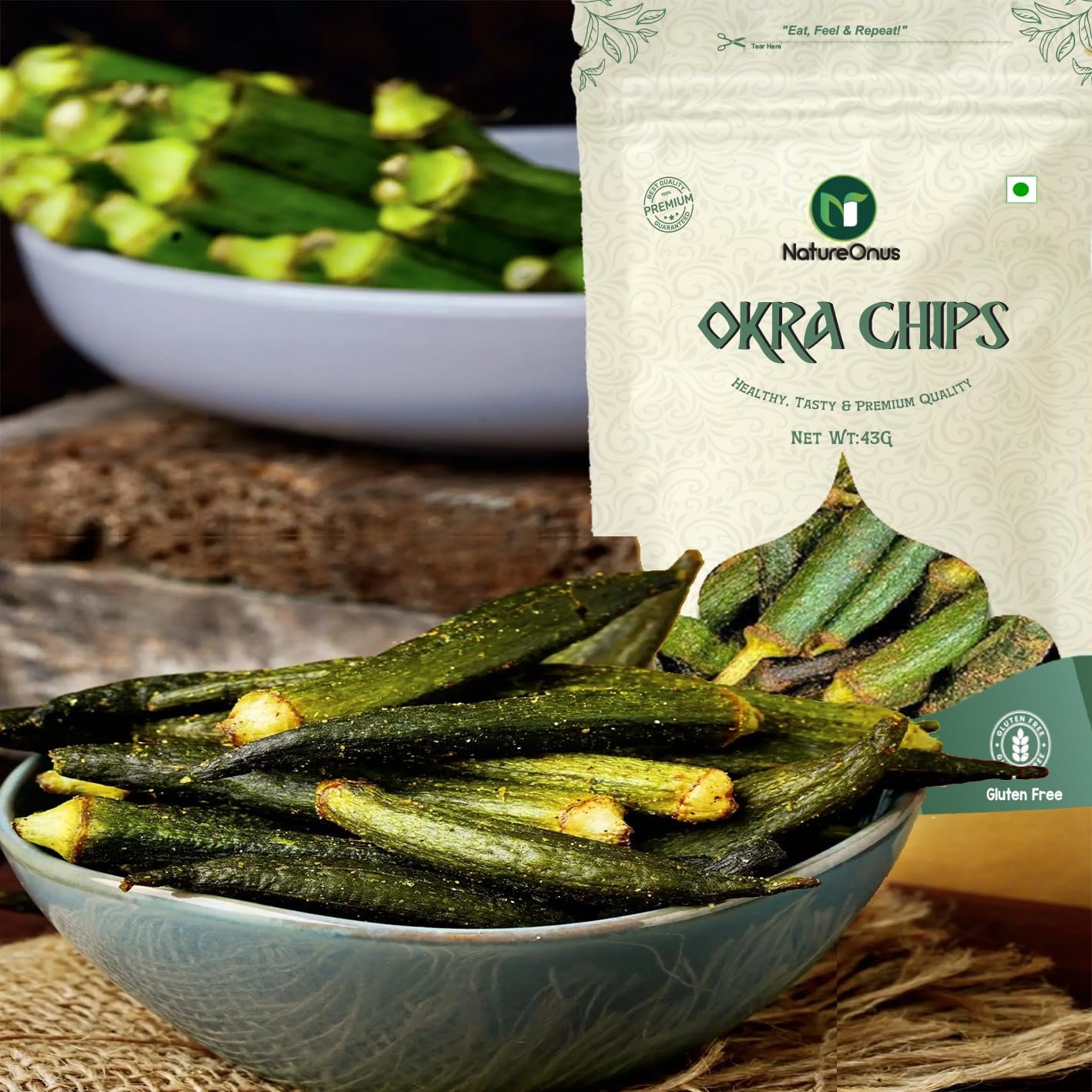 natureonus vacuum fried okra chips 43g pack of 3 | high in protein and fiber | no preservatives, no msg | zero trans fat & cholesterol | gluten free | crunchy vacuum cooked snack 129g natureonus vacuum fried okra chips 43g pack of 3 | high in protein and fiber | no preservatives, no msg | zero trans fat & cholesterol | gluten free | crunchy vacuum cooked snack 129g