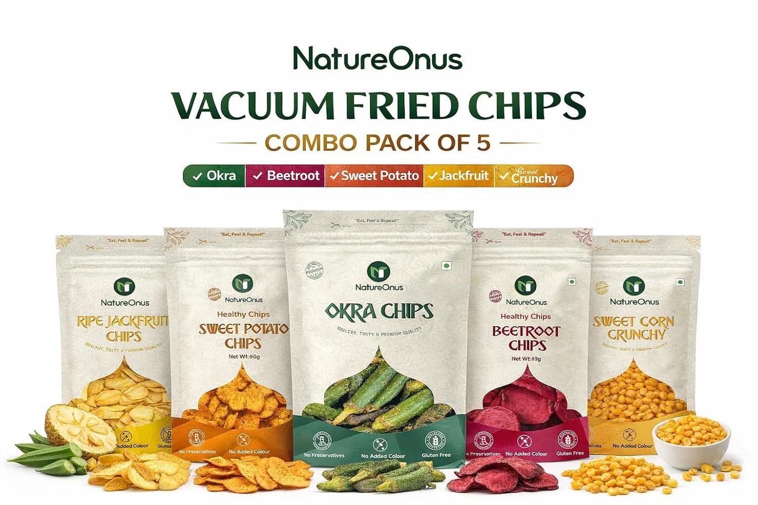 natureonus vacuum fried chips combo pack of 5 (43g each) – okra, beetroot, sweet potato, jackfruit & sweet corn | no palm oil, no preservatives, no artificial colors | source of protein, high fiber, gluten free, trans fat free | vacuum cooked, non fried veggie snacks 215gms natureonus vacuum fried chips combo pack of 5 (43g each) – okra, beetroot, sweet potato, jackfruit & sweet corn | no palm oil, no preservatives, no artificial colors | source of protein, high fiber, gluten free, trans fat free | vacuum cooked, non fried veggie snacks 215gms