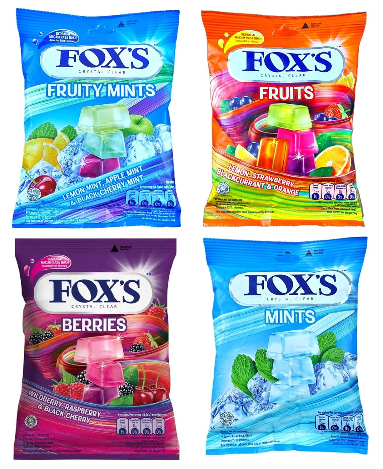 astonished retail fox's crystal clear candy mints candy, fruits candy, berries candy and fruity mints candy (4 packs x90g), 360 gram astonished retail fox's crystal clear candy mints candy, fruits candy, berries candy and fruity mints candy (4 packs x90g), 360 gram