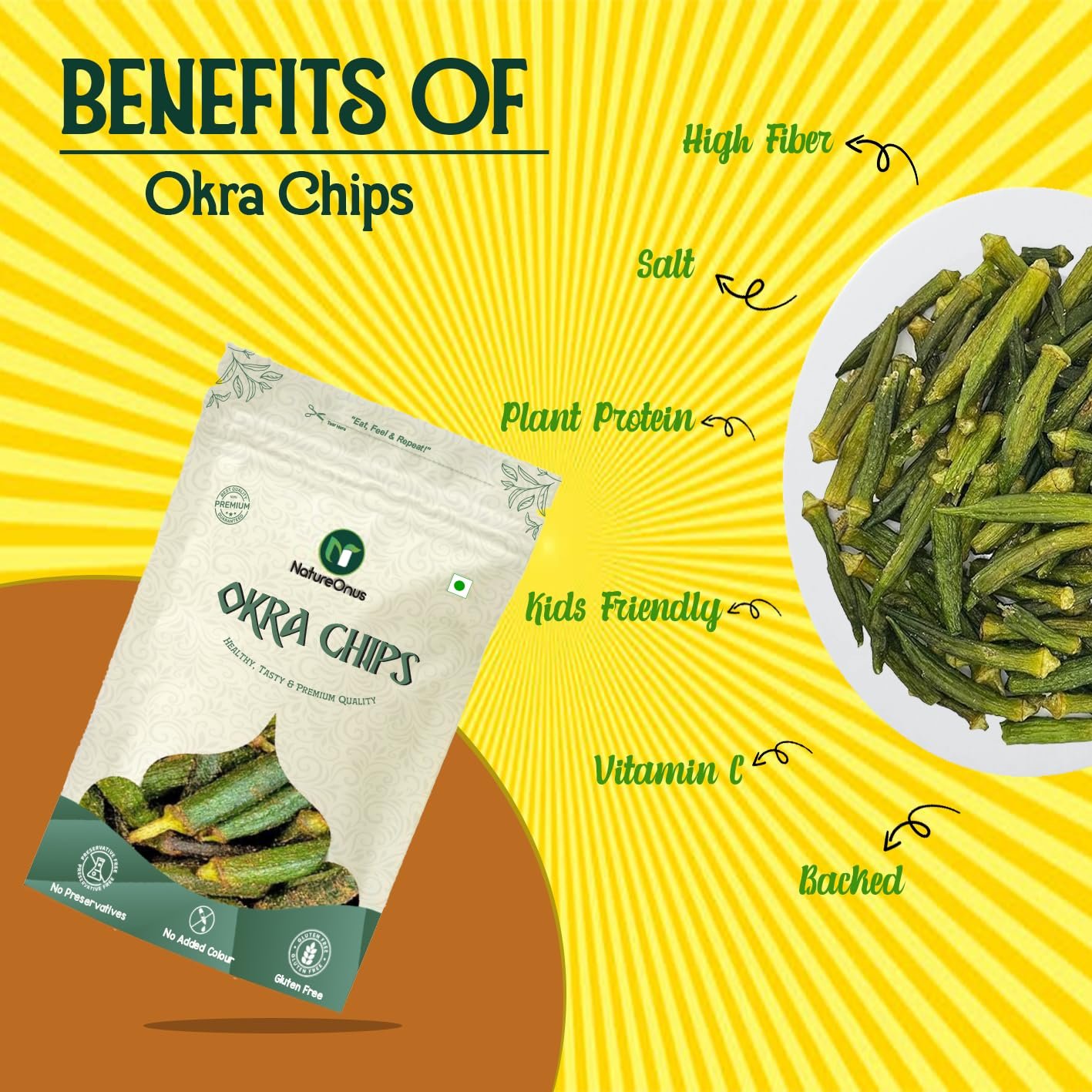 natureonus vacuum fried okra chips 43g pack of 3 | high in protein and fiber | no preservatives, no msg | zero trans fat & cholesterol | gluten free | crunchy vacuum cooked snack 129g natureonus vacuum fried okra chips 43g pack of 3 | high in protein and fiber | no preservatives, no msg | zero trans fat & cholesterol | gluten free | crunchy vacuum cooked snack 129g