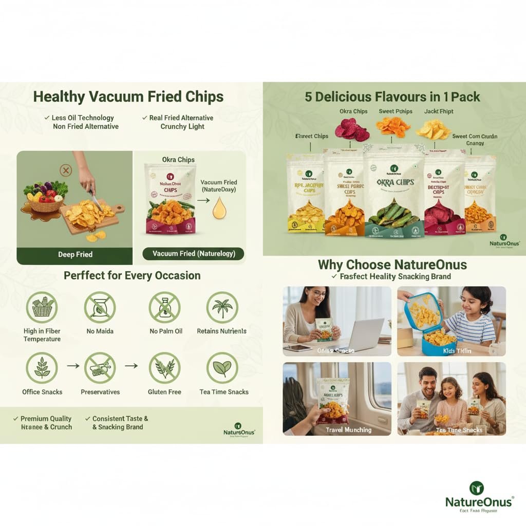 natureonus vacuum fried chips combo pack of 5 (43g each) – okra, beetroot, sweet potato, jackfruit & sweet corn | no palm oil, no preservatives, no artificial colors | source of protein, high fiber, gluten free, trans fat free | vacuum cooked, non fried veggie snacks 215gms natureonus vacuum fried chips combo pack of 5 (43g each) – okra, beetroot, sweet potato, jackfruit & sweet corn | no palm oil, no preservatives, no artificial colors | source of protein, high fiber, gluten free, trans fat free | vacuum cooked, non fried veggie snacks 215gms