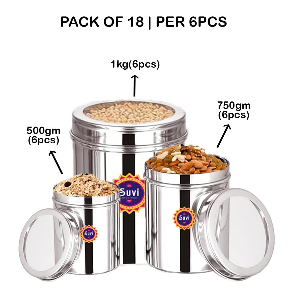 suvi set of 18pcs stainless steel kitchen containers set with see through lid | ubha dabba multipurpose storage box for kitchen containers | food grains capacity 500g, 750g & 1kg approx (6pcs each) suvi set of 18pcs stainless steel kitchen containers set with see through lid | ubha dabba multipurpose storage box for kitchen containers | food grains capacity 500g, 750g & 1kg approx (6pcs each)