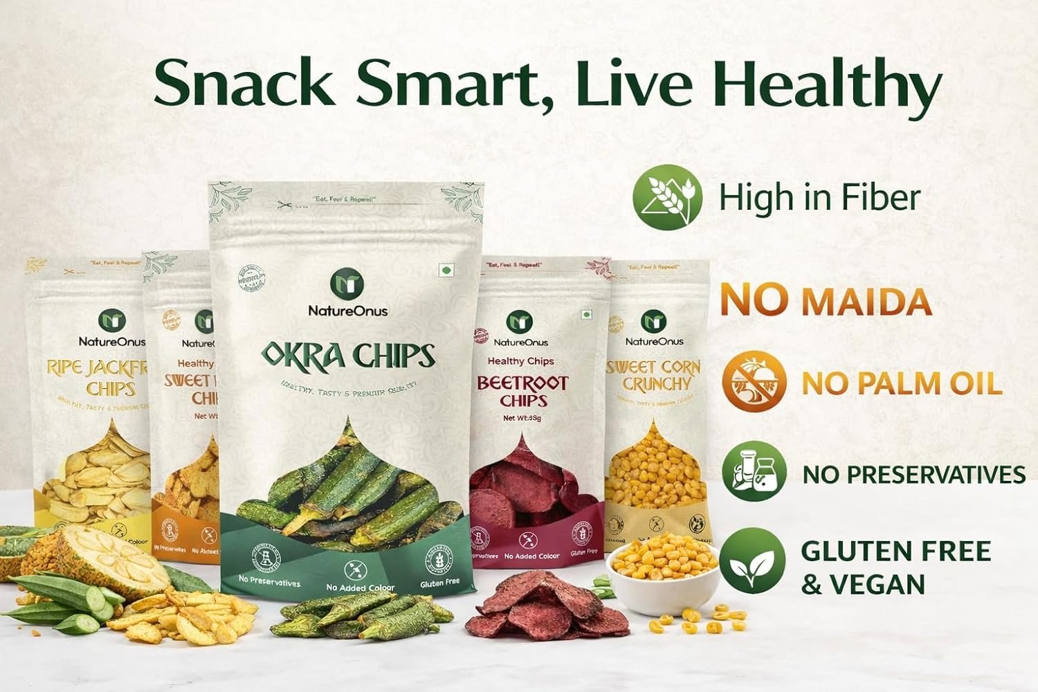 natureonus vacuum fried chips combo pack of 5 (43g each) – okra, beetroot, sweet potato, jackfruit & sweet corn | no palm oil, no preservatives, no artificial colors | source of protein, high fiber, gluten free, trans fat free | vacuum cooked, non fried veggie snacks 215gms natureonus vacuum fried chips combo pack of 5 (43g each) – okra, beetroot, sweet potato, jackfruit & sweet corn | no palm oil, no preservatives, no artificial colors | source of protein, high fiber, gluten free, trans fat free | vacuum cooked, non fried veggie snacks 215gms