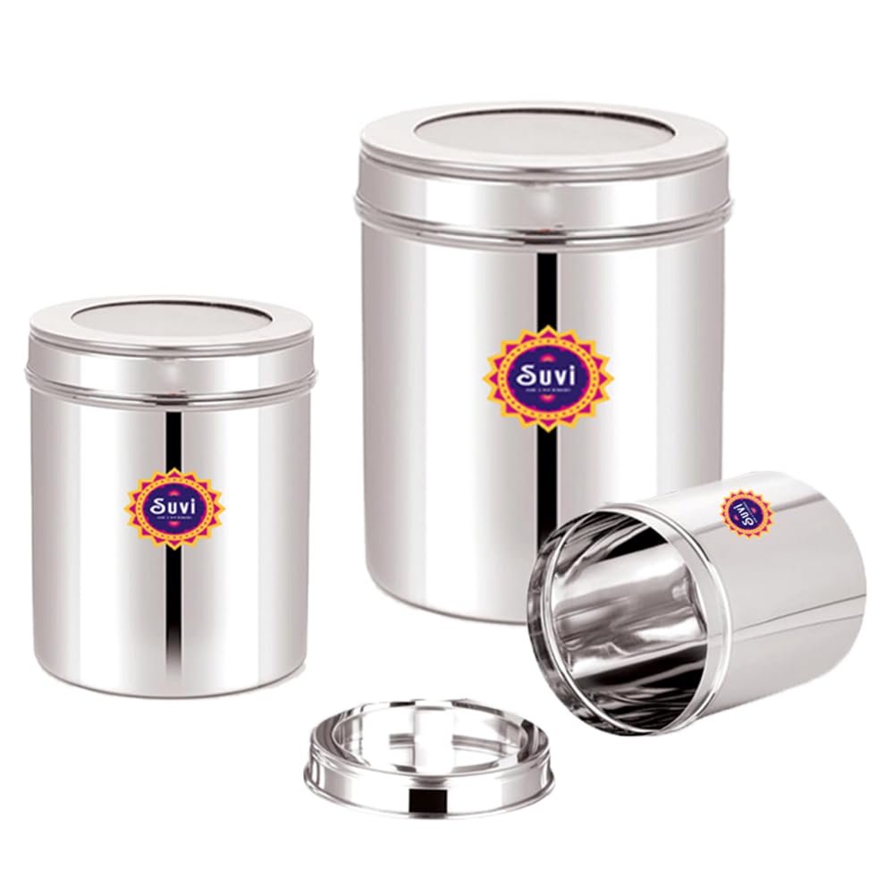 suvi set of 18pcs stainless steel kitchen containers set with see through lid | ubha dabba multipurpose storage box for kitchen containers | food grains capacity 500g, 750g & 1kg approx (6pcs each) suvi set of 18pcs stainless steel kitchen containers set with see through lid | ubha dabba multipurpose storage box for kitchen containers | food grains capacity 500g, 750g & 1kg approx (6pcs each)
