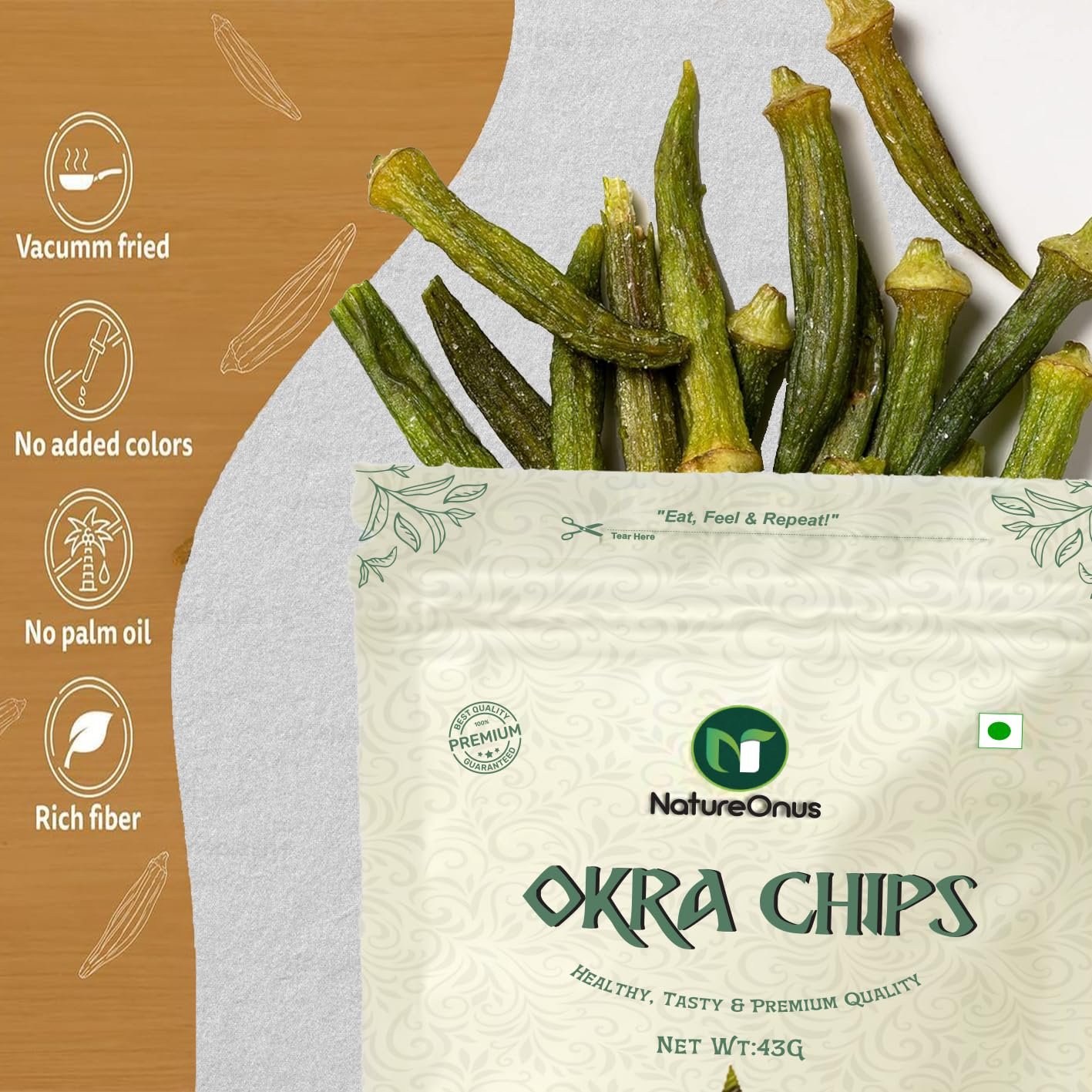 natureonus vacuum fried okra chips 43g pack of 3 | high in protein and fiber | no preservatives, no msg | zero trans fat & cholesterol | gluten free | crunchy vacuum cooked snack 129g natureonus vacuum fried okra chips 43g pack of 3 | high in protein and fiber | no preservatives, no msg | zero trans fat & cholesterol | gluten free | crunchy vacuum cooked snack 129g