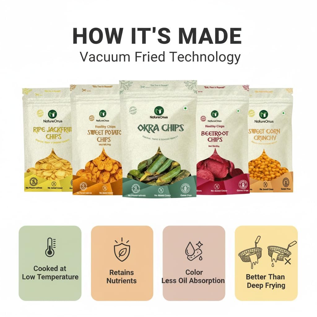 natureonus vacuum fried chips combo pack of 5 (43g each) – okra, beetroot, sweet potato, jackfruit & sweet corn | no palm oil, no preservatives, no artificial colors | source of protein, high fiber, gluten free, trans fat free | vacuum cooked, non fried veggie snacks 215gms natureonus vacuum fried chips combo pack of 5 (43g each) – okra, beetroot, sweet potato, jackfruit & sweet corn | no palm oil, no preservatives, no artificial colors | source of protein, high fiber, gluten free, trans fat free | vacuum cooked, non fried veggie snacks 215gms