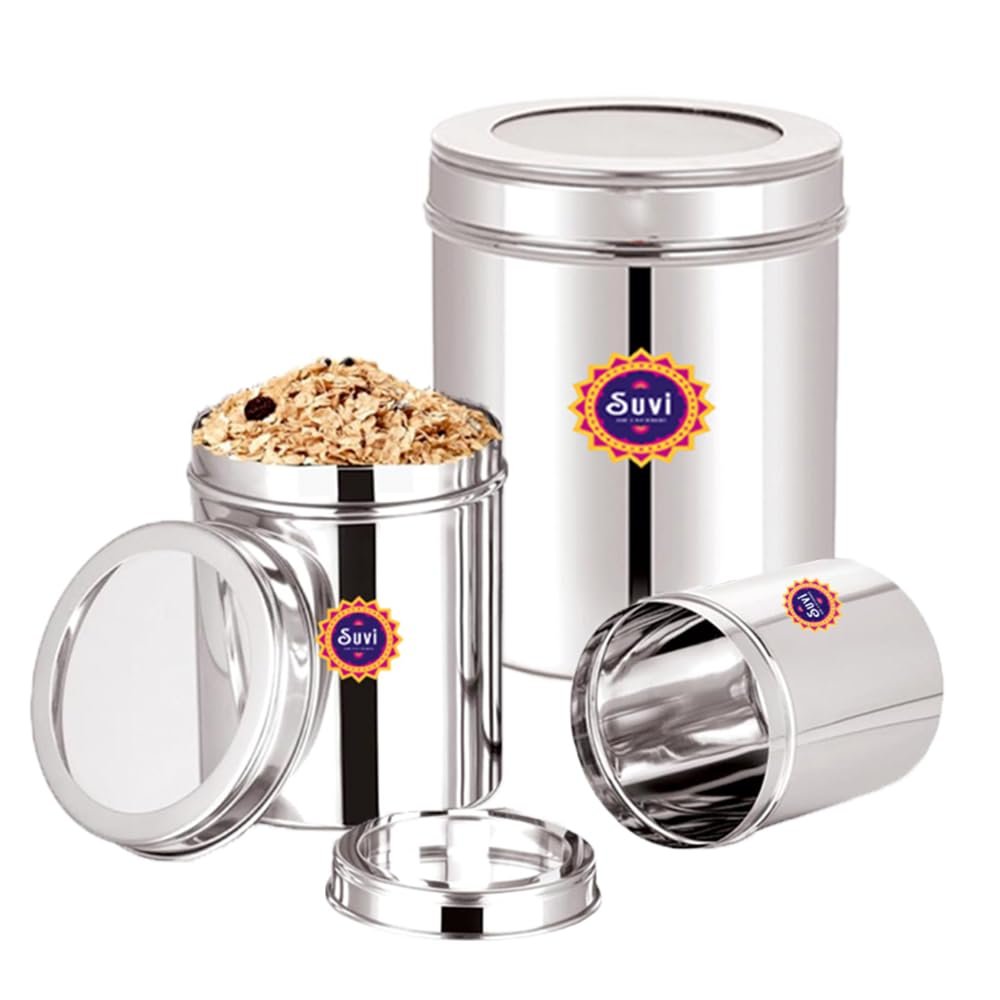 suvi set of 18pcs stainless steel kitchen containers set with see through lid | ubha dabba multipurpose storage box for kitchen containers | food grains capacity 500g, 750g & 1kg approx (6pcs each) suvi set of 18pcs stainless steel kitchen containers set with see through lid | ubha dabba multipurpose storage box for kitchen containers | food grains capacity 500g, 750g & 1kg approx (6pcs each)