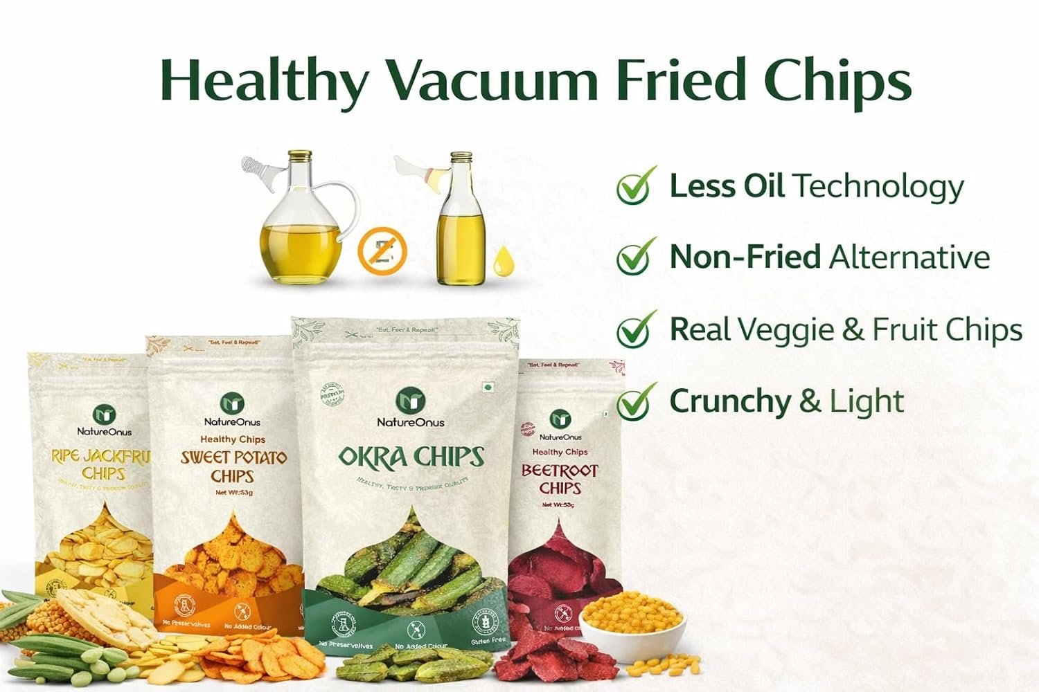 natureonus vacuum fried chips combo pack of 5 (43g each) – okra, beetroot, sweet potato, jackfruit & sweet corn | no palm oil, no preservatives, no artificial colors | source of protein, high fiber, gluten free, trans fat free | vacuum cooked, non fried veggie snacks 215gms natureonus vacuum fried chips combo pack of 5 (43g each) – okra, beetroot, sweet potato, jackfruit & sweet corn | no palm oil, no preservatives, no artificial colors | source of protein, high fiber, gluten free, trans fat free | vacuum cooked, non fried veggie snacks 215gms