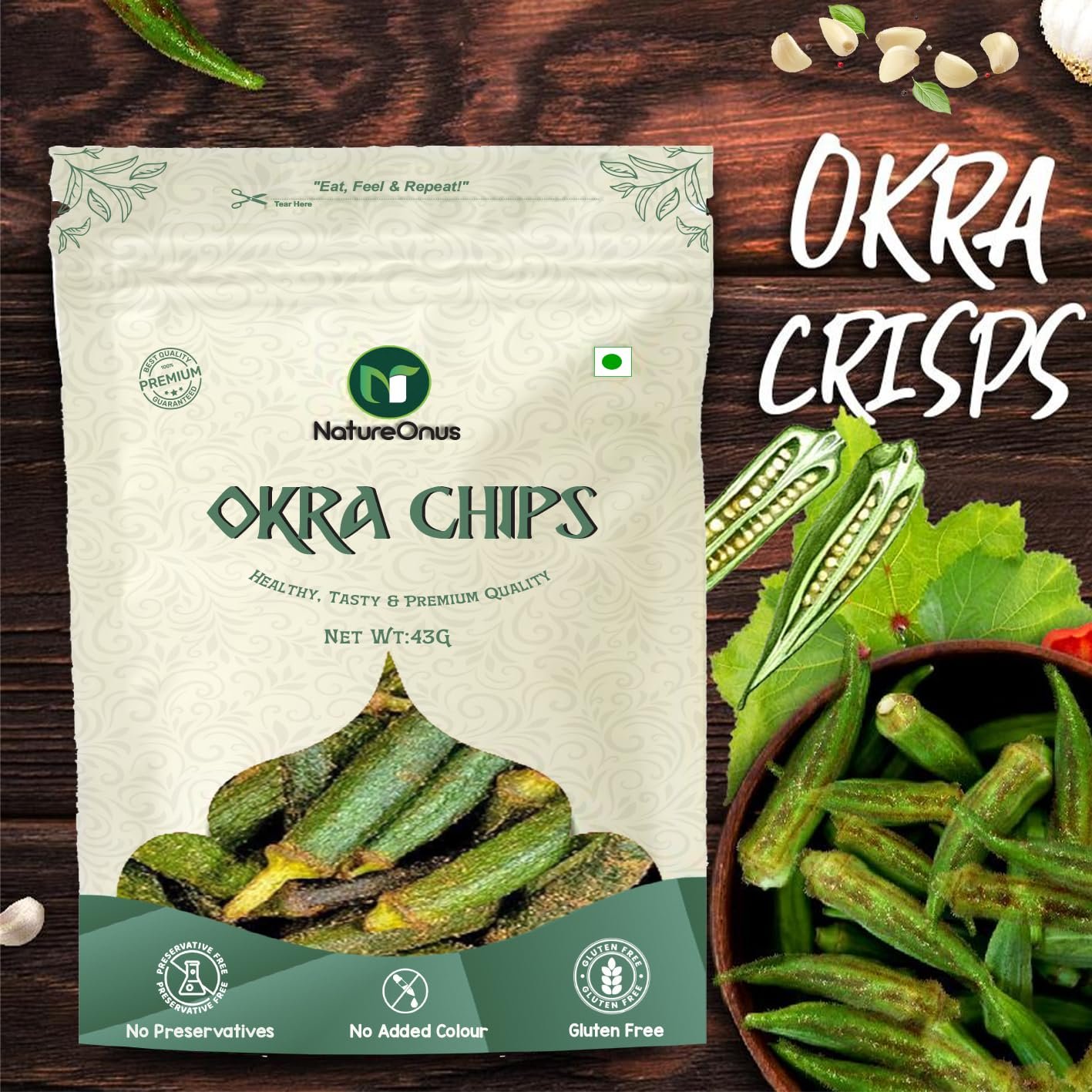 natureonus vacuum fried okra chips 43g pack of 3 | high in protein and fiber | no preservatives, no msg | zero trans fat & cholesterol | gluten free | crunchy vacuum cooked snack 129g natureonus vacuum fried okra chips 43g pack of 3 | high in protein and fiber | no preservatives, no msg | zero trans fat & cholesterol | gluten free | crunchy vacuum cooked snack 129g