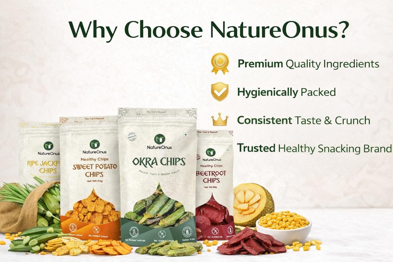 natureonus vacuum fried chips combo pack of 5 (43g each) – okra, beetroot, sweet potato, jackfruit & sweet corn | no palm oil, no preservatives, no artificial colors | source of protein, high fiber, gluten free, trans fat free | vacuum cooked, non fried veggie snacks 215gms natureonus vacuum fried chips combo pack of 5 (43g each) – okra, beetroot, sweet potato, jackfruit & sweet corn | no palm oil, no preservatives, no artificial colors | source of protein, high fiber, gluten free, trans fat free | vacuum cooked, non fried veggie snacks 215gms