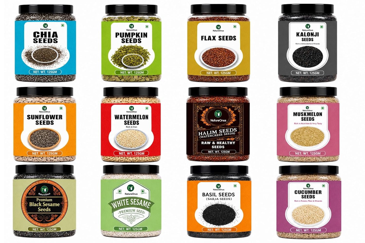 natureonus super seeds combo pack of 12, chia, flax, pumpkin, sunflower seeds, watermelon, halim, cucumber, muskmelon, kalonji, white sesame, black sesame & basil seeds |reusable jar packs – 12 x 125g natureonus super seeds combo pack of 12, chia, flax, pumpkin, sunflower seeds, watermelon, halim, cucumber, muskmelon, kalonji, white sesame, black sesame & basil seeds |reusable jar packs – 12 x 125g