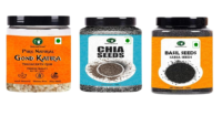natureonus gond katira, sabja (basil seeds) & chia seeds combo pack 125g each | cooling superfoods | sabja, tukmaria & tragacanth gum | summer drink & health mix | rich in fiber | weight management superfoods 375gms