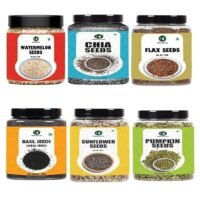 super seeds combo pack of 6, chia, flax, pumpkin, watermelon, basil & sunflower seeds | seed for daily nutrition | reusable jar packs – 6 x 125g