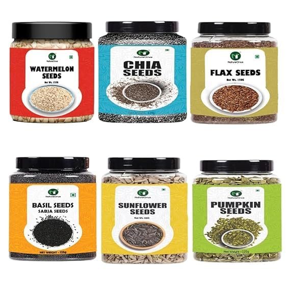 super seeds combo pack of 6, chia, flax, pumpkin, watermelon, basil & sunflower seeds | seed for daily nutrition | reusable jar packs – 6 x 125g super seeds combo pack of 6, chia, flax, pumpkin, watermelon, basil & sunflower seeds | seed for daily nutrition | reusable jar packs – 6 x 125g
