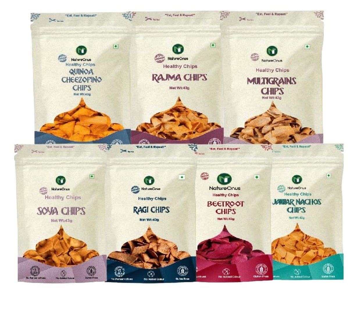 natureonus high protein chips combo pack of 7 (301g) | 7 snacks pack x 43g | ragi, beetroot, multigrain, jowar, quinoa, soya & rajma chips | gluten free, no maida, no preservatives, no palm oil, high protein chips (43g x 7 packs) natureonus high protein chips combo pack of 7 (301g) | 7 snacks pack x 43g | ragi, beetroot, multigrain, jowar, quinoa, soya & rajma chips | gluten free, no maida, no preservatives, no palm oil, high protein chips (43g x 7 packs)