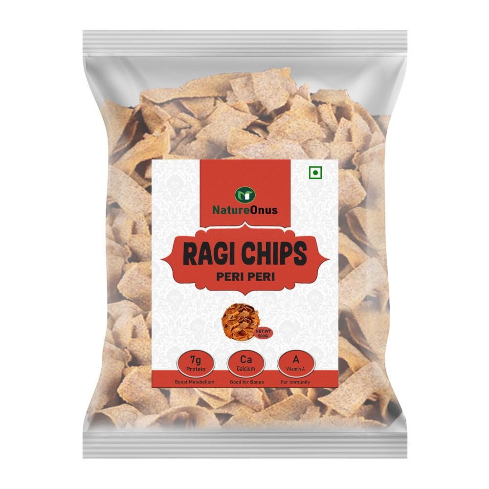 natureonus ragi peri peri chips 500gms | finger millets chips | perfect snacking chips made with ragi (finger millet) | millet based chips | high protein snacks natureonus ragi peri peri chips 500gms | finger millets chips | perfect snacking chips made with ragi (finger millet) | millet based chips | high protein snacks