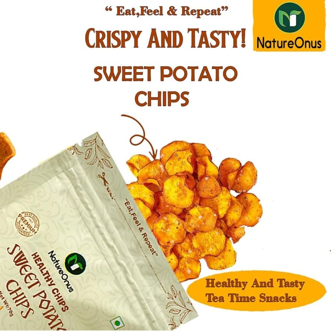 natureonus vacuum fried sweet potato chips 43g pack of 3 | healthy snack | no msg, no preservatives | low fat, zero cholesterol, trans fat free | gluten free vegetable chips | vacuum cooked sweet potato 129gms natureonus vacuum fried sweet potato chips 43g pack of 3 | healthy snack | no msg, no preservatives | low fat, zero cholesterol, trans fat free | gluten free vegetable chips | vacuum cooked sweet potato 129gms