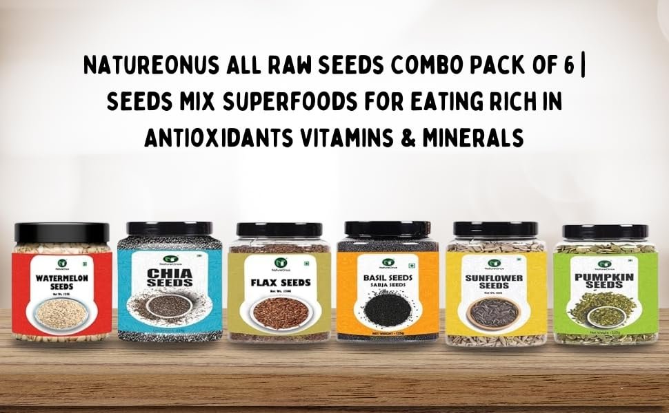 super seeds combo pack of 6, chia, flax, pumpkin, watermelon, basil & sunflower seeds | seed for daily nutrition | reusable jar packs – 6 x 125g super seeds combo pack of 6, chia, flax, pumpkin, watermelon, basil & sunflower seeds | seed for daily nutrition | reusable jar packs – 6 x 125g