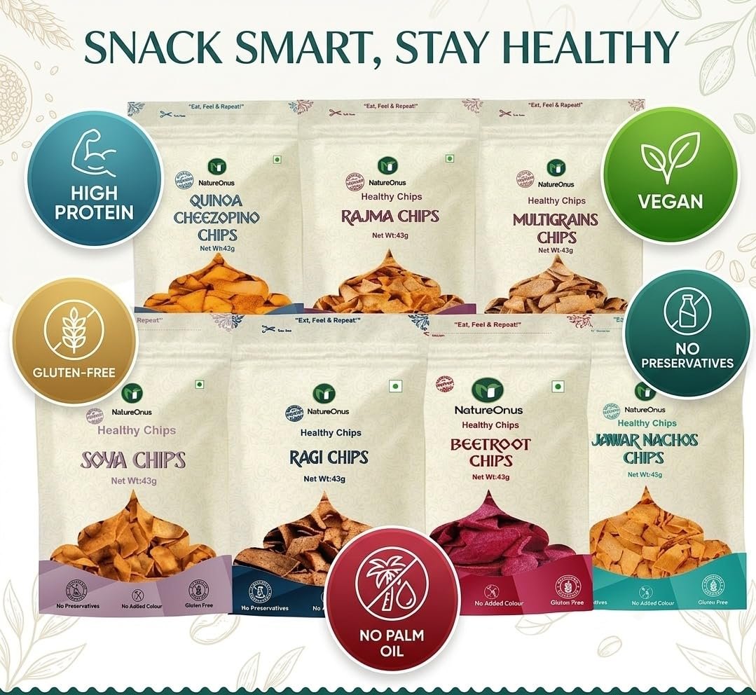 natureonus high protein chips combo pack of 7 (301g) | 7 snacks pack x 43g | ragi, beetroot, multigrain, jowar, quinoa, soya & rajma chips | gluten free, no maida, no preservatives, no palm oil, high protein chips (43g x 7 packs) natureonus high protein chips combo pack of 7 (301g) | 7 snacks pack x 43g | ragi, beetroot, multigrain, jowar, quinoa, soya & rajma chips | gluten free, no maida, no preservatives, no palm oil, high protein chips (43g x 7 packs)