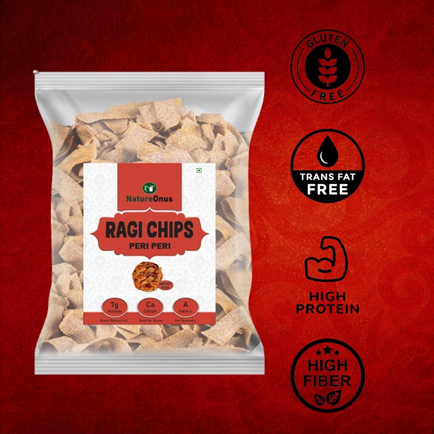 natureonus ragi peri peri chips 500gms | finger millets chips | perfect snacking chips made with ragi (finger millet) | millet based chips | high protein snacks natureonus ragi peri peri chips 500gms | finger millets chips | perfect snacking chips made with ragi (finger millet) | millet based chips | high protein snacks