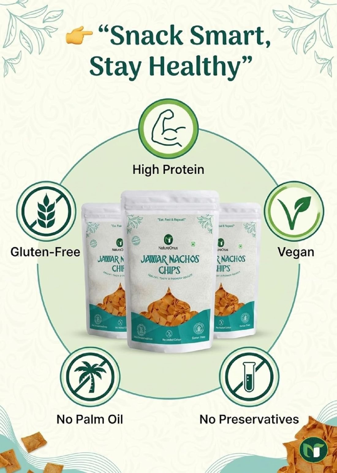 natureonus jowar nachos spicy millets chips 43g pack of 3 | sorghum snack | perfect snacking chips made with jawar (sorghum ) | millet based chip | high protein | high fiber | gluten free | light & crispy natureonus jowar nachos spicy millets chips 43g pack of 3 | sorghum snack | perfect snacking chips made with jawar (sorghum ) | millet based chip | high protein | high fiber | gluten free | light & crispy