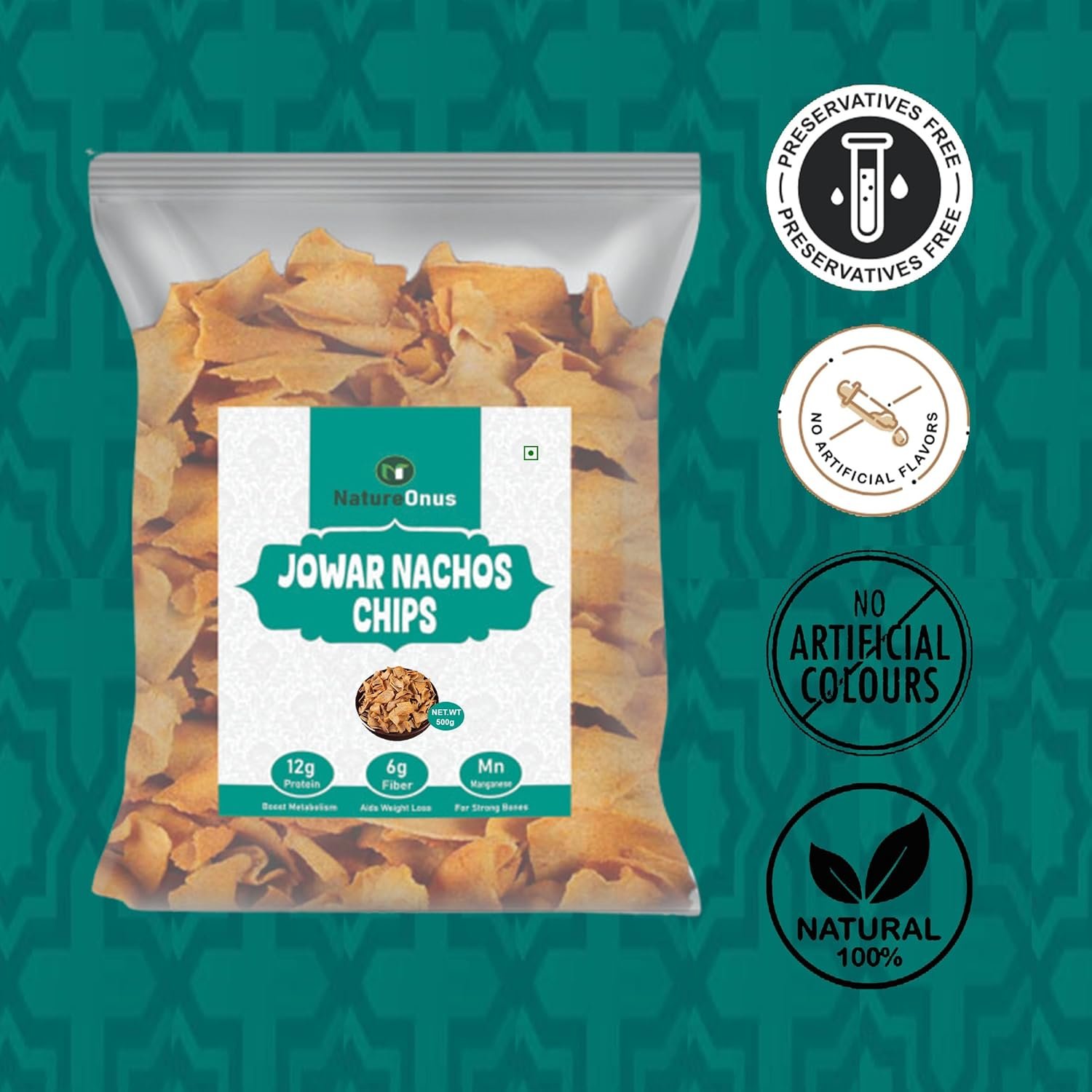 natureonus jowar nachos spicy millets chips 500gms | sorghum snack | perfect snacking chips made with jowar (sorghum) | millet based chip | high protein | high fiber | gluten free | light & crispy natureonus jowar nachos spicy millets chips 500gms | sorghum snack | perfect snacking chips made with jowar (sorghum) | millet based chip | high protein | high fiber | gluten free | light & crispy