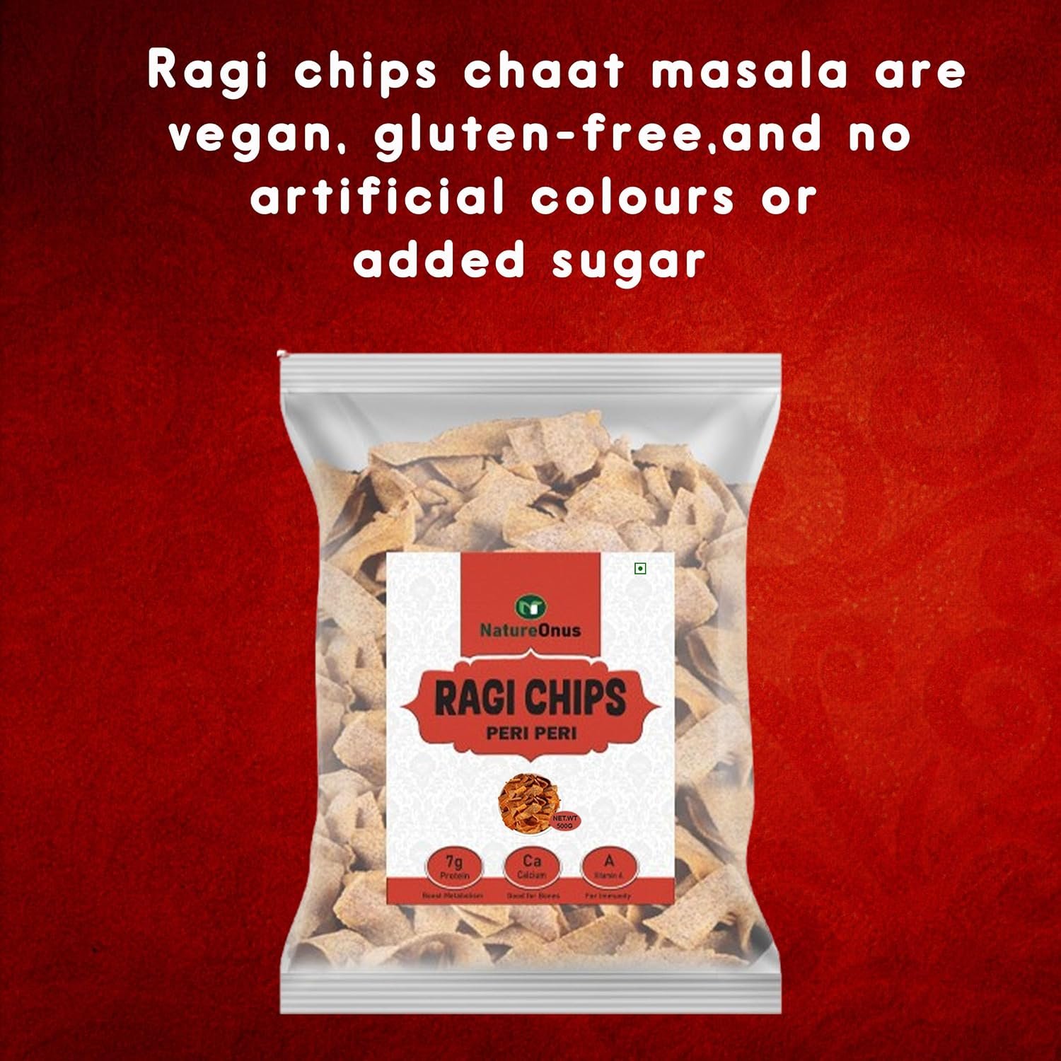 natureonus ragi peri peri chips 500gms | finger millets chips | perfect snacking chips made with ragi (finger millet) | millet based chips | high protein snacks natureonus ragi peri peri chips 500gms | finger millets chips | perfect snacking chips made with ragi (finger millet) | millet based chips | high protein snacks