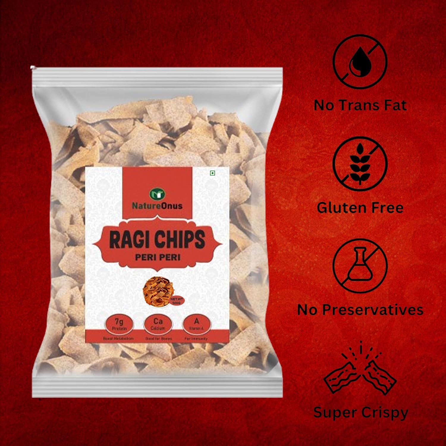 natureonus ragi peri peri chips 500gms | finger millets chips | perfect snacking chips made with ragi (finger millet) | millet based chips | high protein snacks natureonus ragi peri peri chips 500gms | finger millets chips | perfect snacking chips made with ragi (finger millet) | millet based chips | high protein snacks