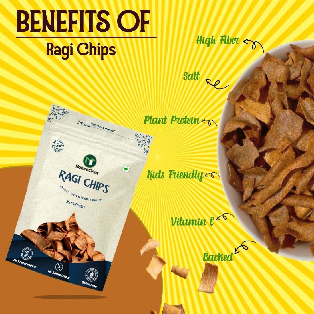 natureonus ragi chat masala chips 43gms x 3 | finger millets chips | perfect snacking chips made with ragi (finger millet) | millet based chips | high protein snacks natureonus ragi chat masala chips 43gms x 3 | finger millets chips | perfect snacking chips made with ragi (finger millet) | millet based chips | high protein snacks