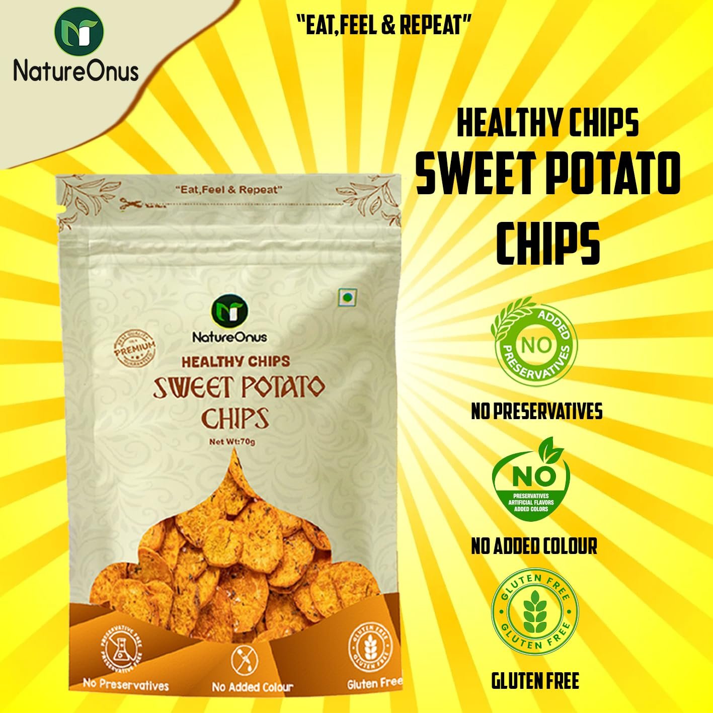 natureonus vacuum fried sweet potato chips 43g pack of 3 | healthy snack | no msg, no preservatives | low fat, zero cholesterol, trans fat free | gluten free vegetable chips | vacuum cooked sweet potato 129gms natureonus vacuum fried sweet potato chips 43g pack of 3 | healthy snack | no msg, no preservatives | low fat, zero cholesterol, trans fat free | gluten free vegetable chips | vacuum cooked sweet potato 129gms