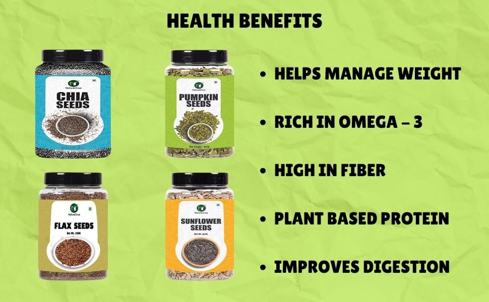 natureonus super seeds combo pack of 4, chia, flax, pumpkin & sunflower seeds | seed mix for daily nutrition | rich in omega 3 | all seeds combo | high fiber & protein | reusable jar packs – 4 x 125g natureonus super seeds combo pack of 4, chia, flax, pumpkin & sunflower seeds | seed mix for daily nutrition | rich in omega 3 | all seeds combo | high fiber & protein | reusable jar packs – 4 x 125g