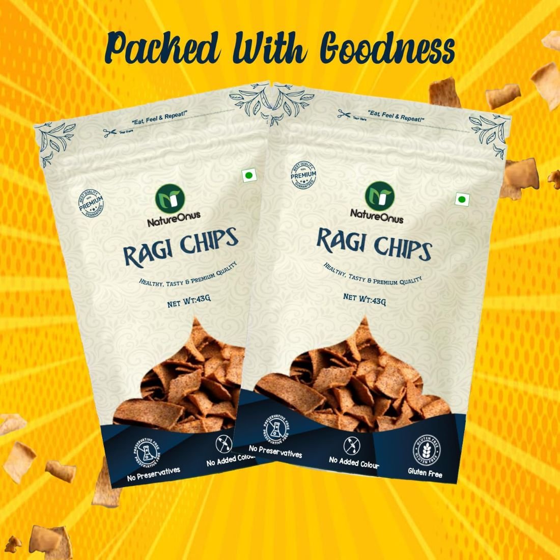 natureonus ragi chat masala chips 43gms x 3 | finger millets chips | perfect snacking chips made with ragi (finger millet) | millet based chips | high protein snacks natureonus ragi chat masala chips 43gms x 3 | finger millets chips | perfect snacking chips made with ragi (finger millet) | millet based chips | high protein snacks