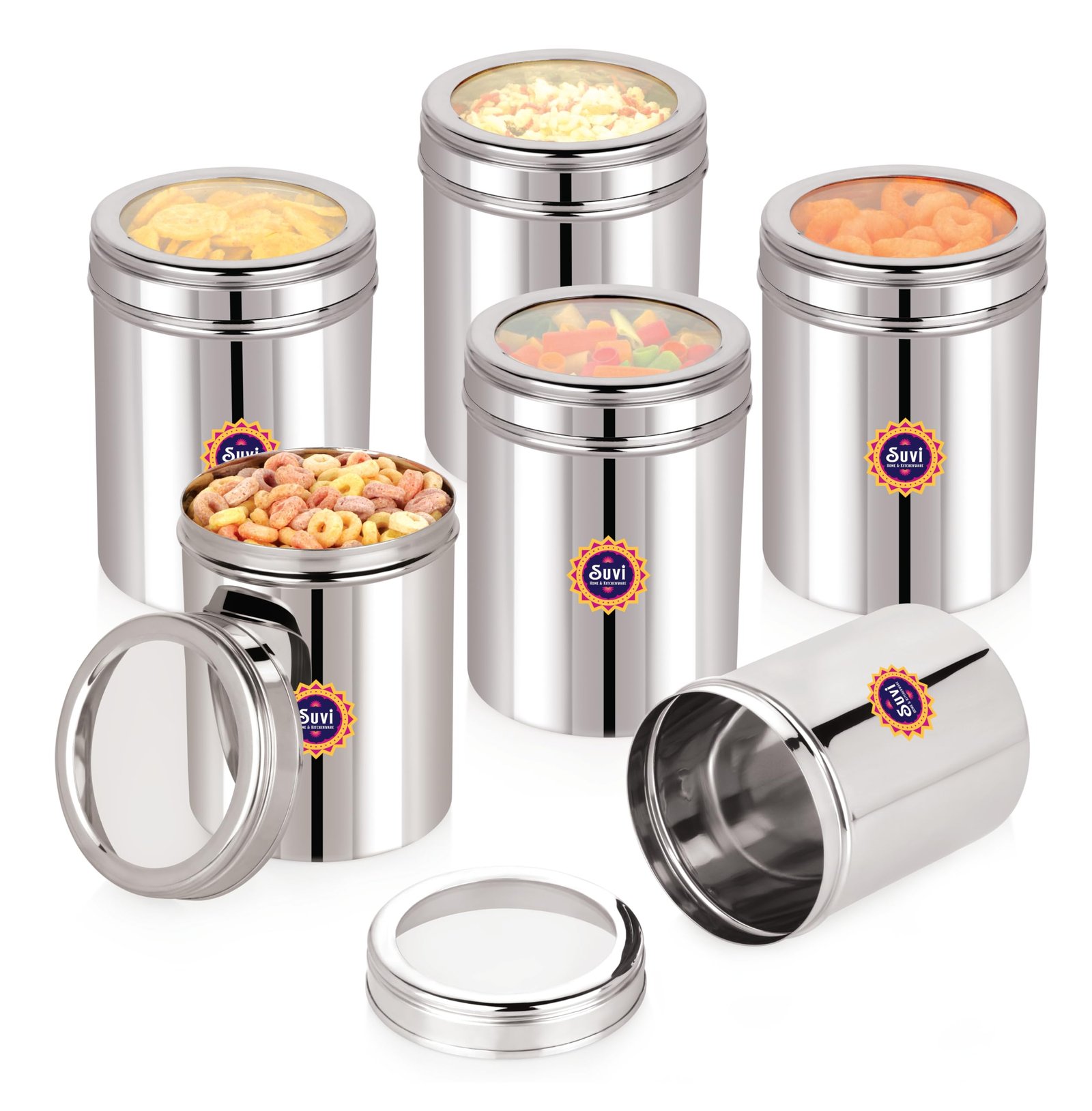 suvi 500gms stainless steel kitchen containers with see through lid (set of 6)| ubha dabba multipurpose storage | steel storage containers for kitchen food grains capacity 500gms approx (750ml 6pcs) suvi 500gms stainless steel kitchen containers with see through lid (set of 6)| ubha dabba multipurpose storage | steel storage containers for kitchen food grains capacity 500gms approx (750ml 6pcs)