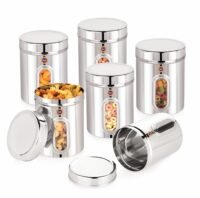 suvi 2kg set of 6pcs stainless steel kitchen containers with see through window | food storage dabba | steel containers set | silver mirror finish | food grains capacity 2kg approx (2500ml 6pcs)