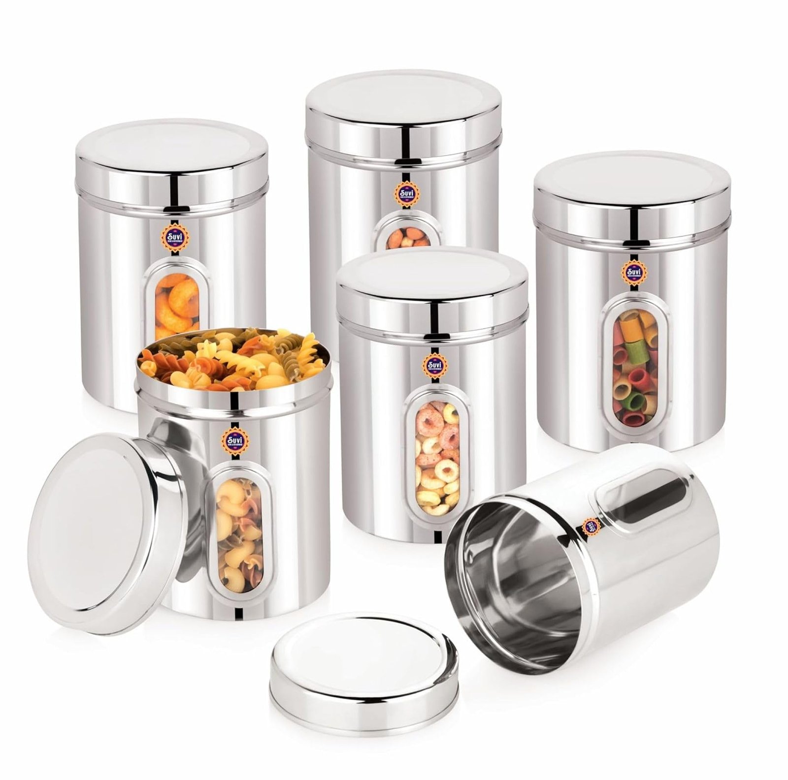 suvi 2kg set of 6pcs stainless steel kitchen containers with see through window | food storage dabba | steel containers set | silver mirror finish | food grains capacity 2kg approx (2500ml 6pcs) suvi 2kg set of 6pcs stainless steel kitchen containers with see through window | food storage dabba | steel containers set | silver mirror finish | food grains capacity 2kg approx (2500ml 6pcs)