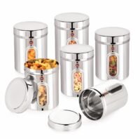 suvi 500gms set of 6pcs stainless steel kitchen containers with see through window | food storage dabba | steel containers set | silver mirror finish | food grains capacity – 500g approx (750ml 6pcs)