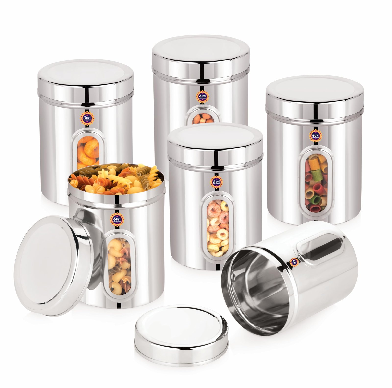 suvi 500gms set of 6pcs stainless steel kitchen containers with see through window | food storage dabba | steel containers set | silver mirror finish | food grains capacity – 500g approx (750ml 6pcs) suvi 500gms set of 6pcs stainless steel kitchen containers with see through window | food storage dabba | steel containers set | silver mirror finish | food grains capacity – 500g approx (750ml 6pcs)