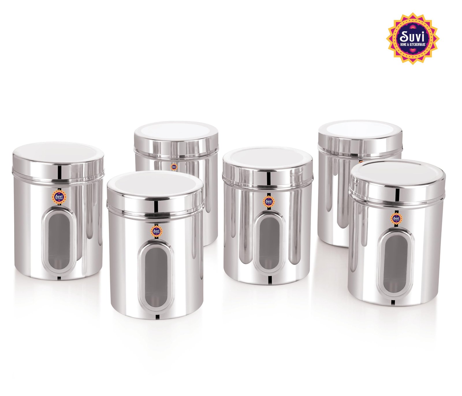 suvi 500gms set of 6pcs stainless steel kitchen containers with see through window | food storage dabba | steel containers set | silver mirror finish | food grains capacity – 500g approx (750ml 6pcs) suvi 500gms set of 6pcs stainless steel kitchen containers with see through window | food storage dabba | steel containers set | silver mirror finish | food grains capacity – 500g approx (750ml 6pcs)