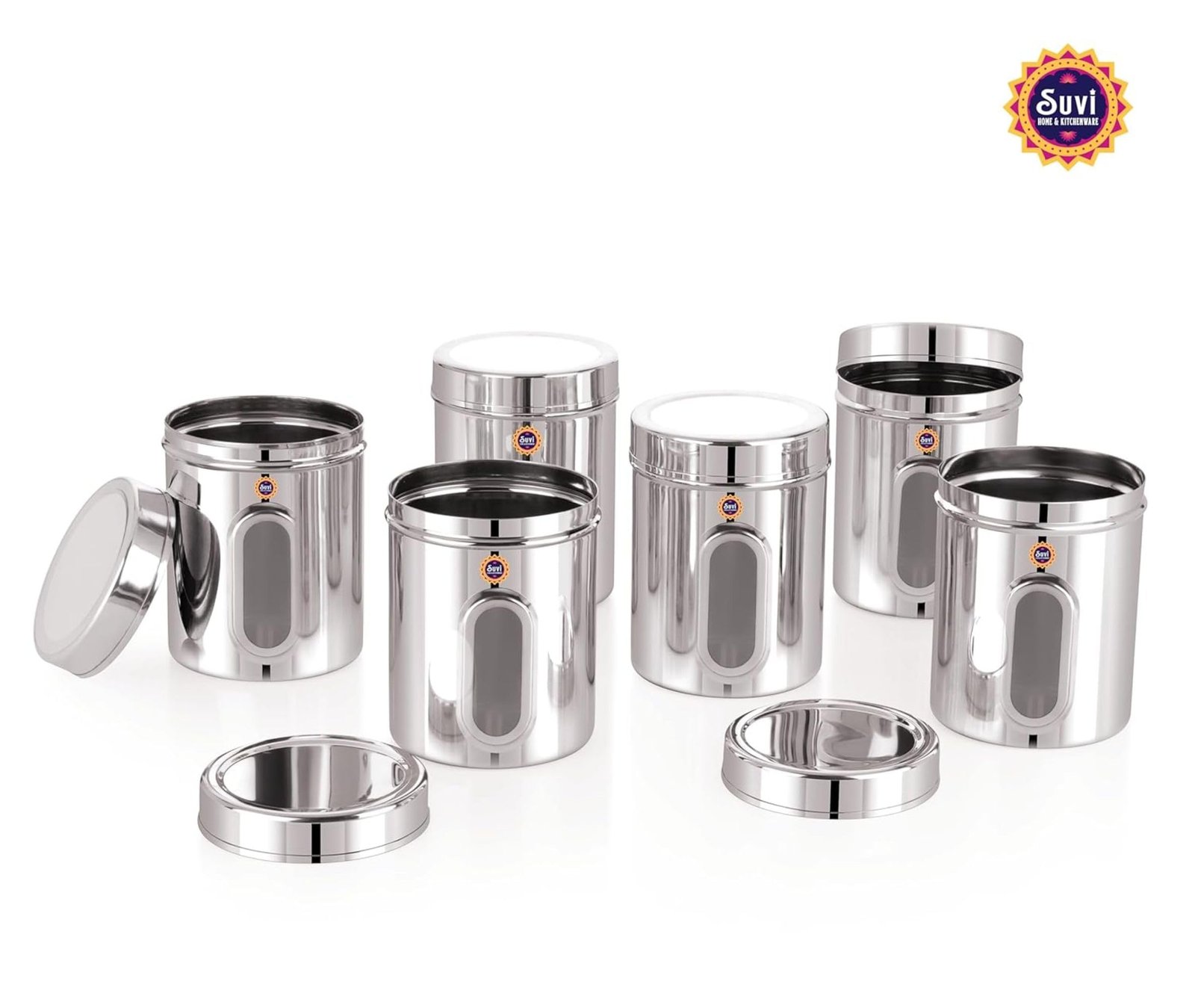 suvi 2kg set of 6pcs stainless steel kitchen containers with see through window | food storage dabba | steel containers set | silver mirror finish | food grains capacity 2kg approx (2500ml 6pcs) suvi 2kg set of 6pcs stainless steel kitchen containers with see through window | food storage dabba | steel containers set | silver mirror finish | food grains capacity 2kg approx (2500ml 6pcs)