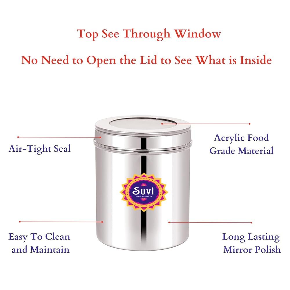 suvi 500gms stainless steel kitchen containers with see through lid (set of 6)| ubha dabba multipurpose storage | steel storage containers for kitchen food grains capacity 500gms approx (750ml 6pcs) suvi 500gms stainless steel kitchen containers with see through lid (set of 6)| ubha dabba multipurpose storage | steel storage containers for kitchen food grains capacity 500gms approx (750ml 6pcs)