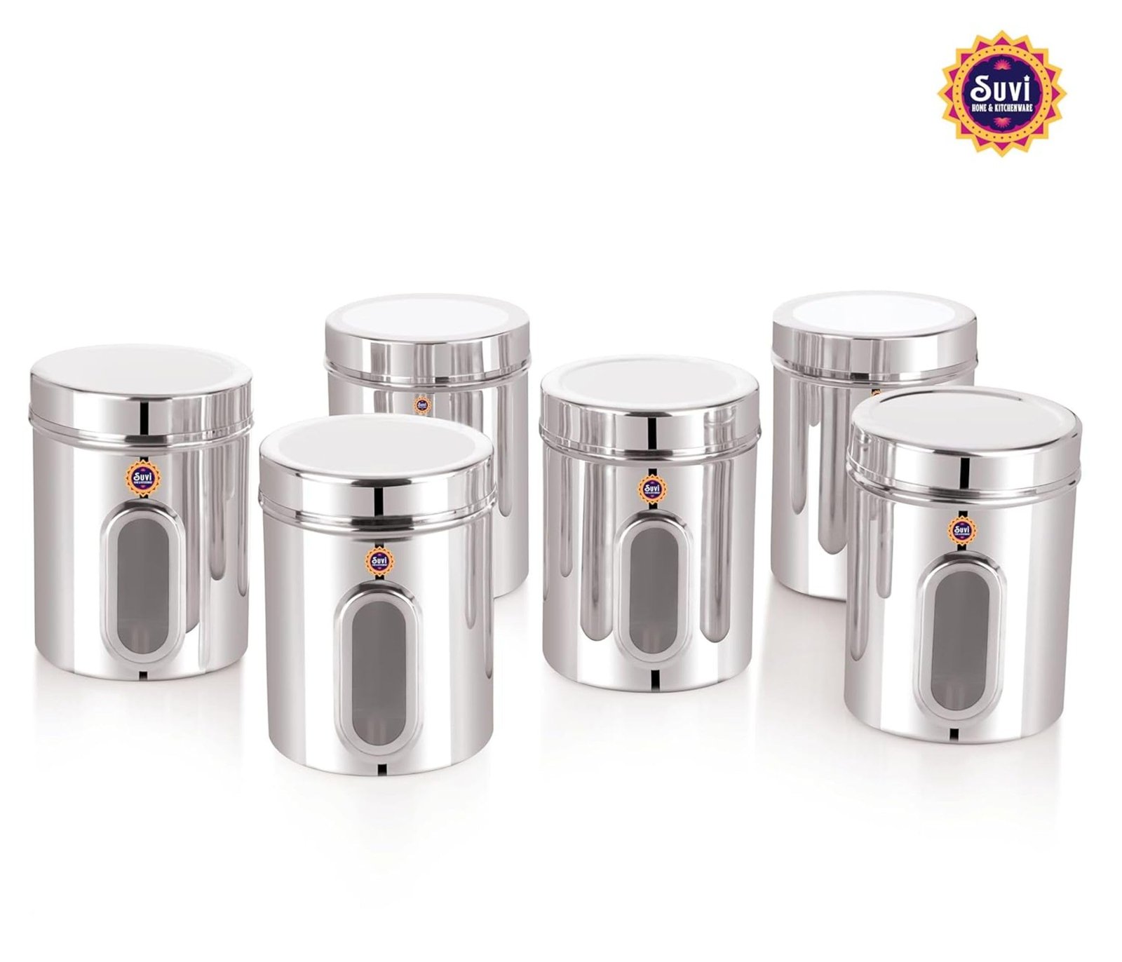 suvi 2kg set of 6pcs stainless steel kitchen containers with see through window | food storage dabba | steel containers set | silver mirror finish | food grains capacity 2kg approx (2500ml 6pcs) suvi 2kg set of 6pcs stainless steel kitchen containers with see through window | food storage dabba | steel containers set | silver mirror finish | food grains capacity 2kg approx (2500ml 6pcs)